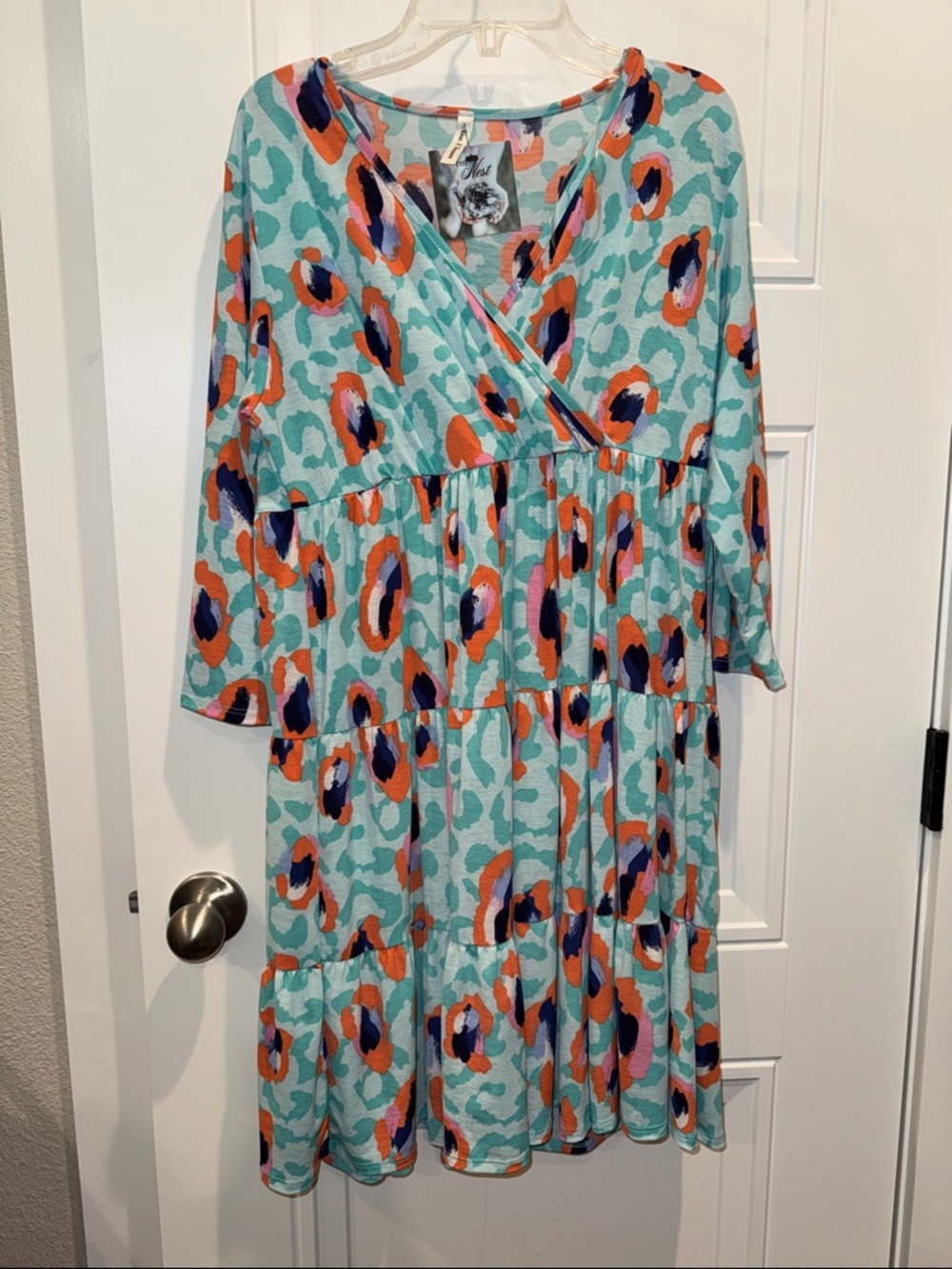 Unknown Brand Aqua Abstract Print Tiered Midi Dress